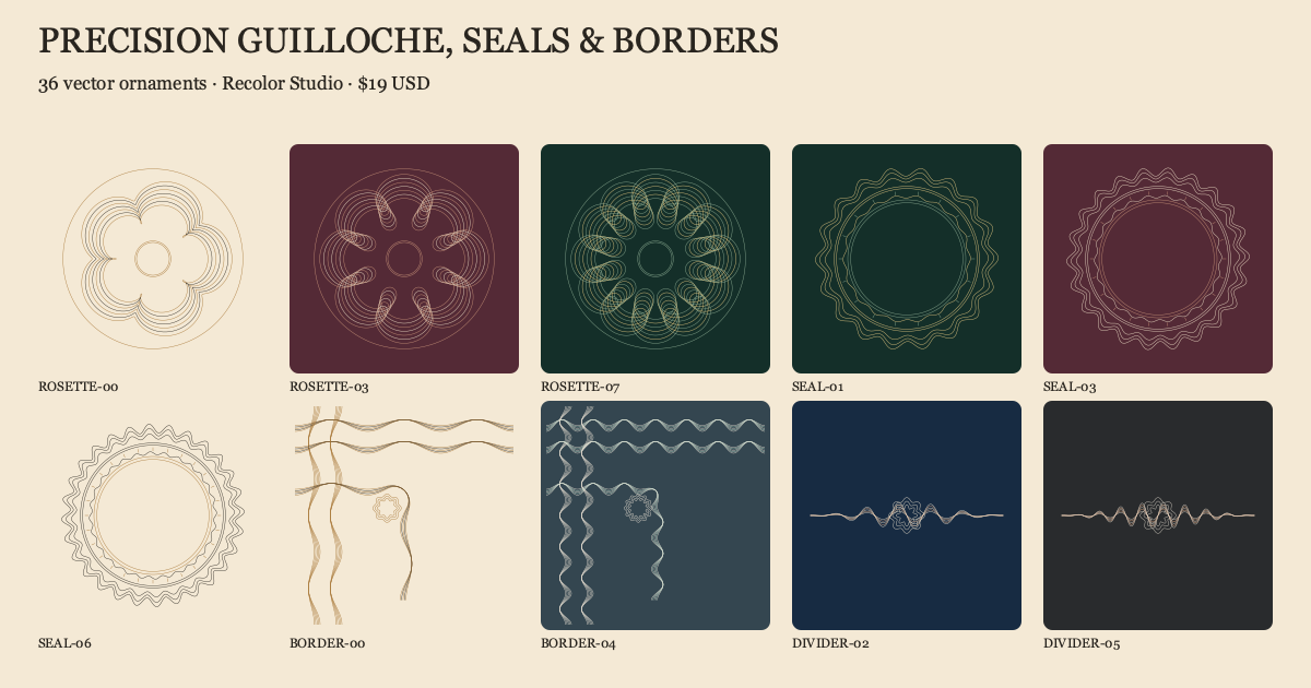 Precision Guilloche, Seals & Borders — 36 Mathematical Vector Ornaments + Recolor Studio