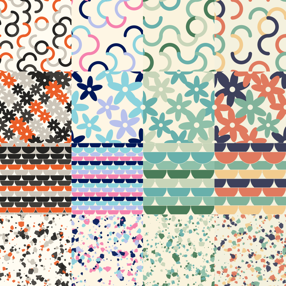 48 Seamless Vector Pattern Tiles (SVG) — 8 Palettes × 4 Families